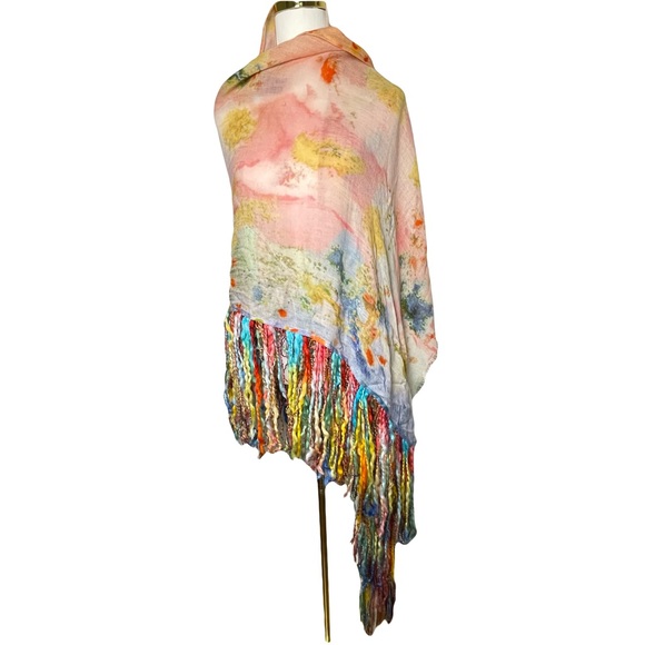 Vismaya 100% Wool Watercolor Wrap with Multicolor Fringe Boho Art - Picture 1 of 15